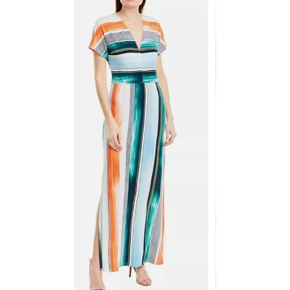 Bcbgmaxazria V-Neck Maxi Dress multicolor S stripe MSRP $158 70’s Look